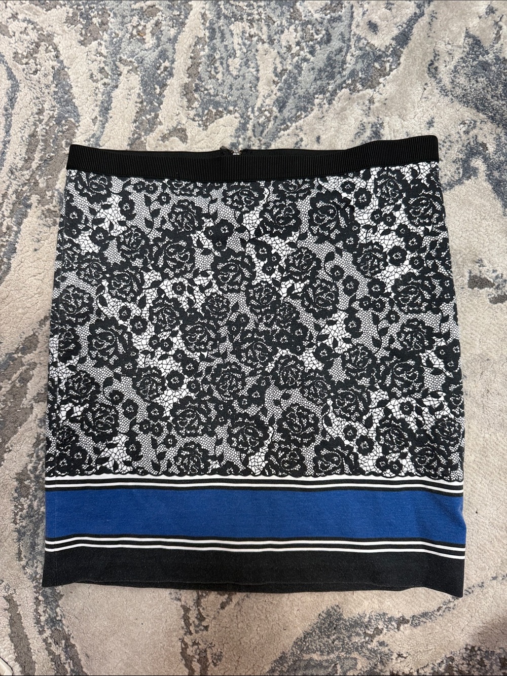 Rafaella Black and White Floral Knit Pencil Skirt with Blue Hem Stripe